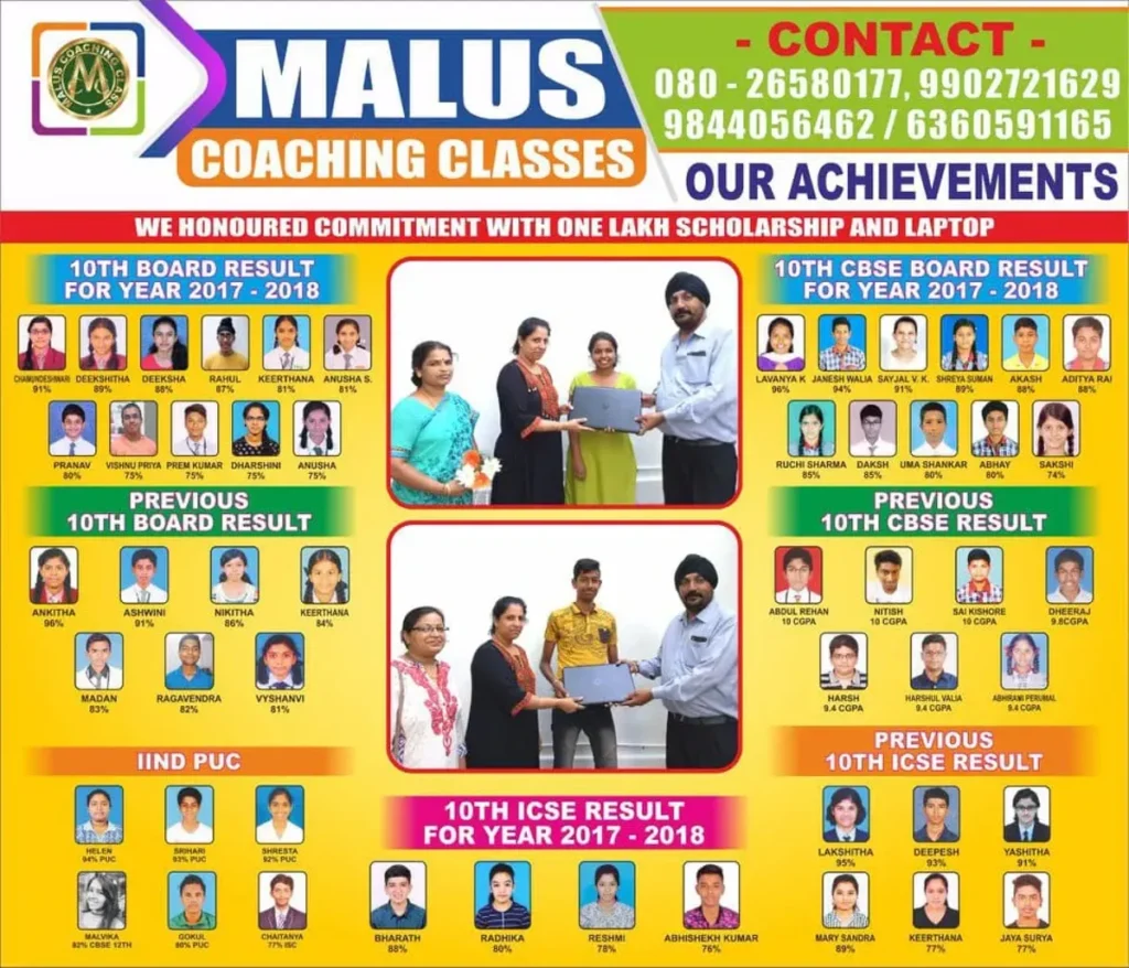 Malus Coaching Classes student board results and scholarship awards for 2017 2018 CBSE ICSE State Board Bengaluru