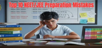 Student stressed while preparing for NEET JEE with study notes and mock tests – representing common NEET JEE preparation mistakes