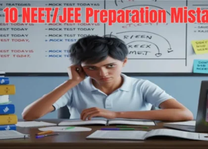Student stressed while preparing for NEET JEE with study notes and mock tests – representing common NEET JEE preparation mistakes